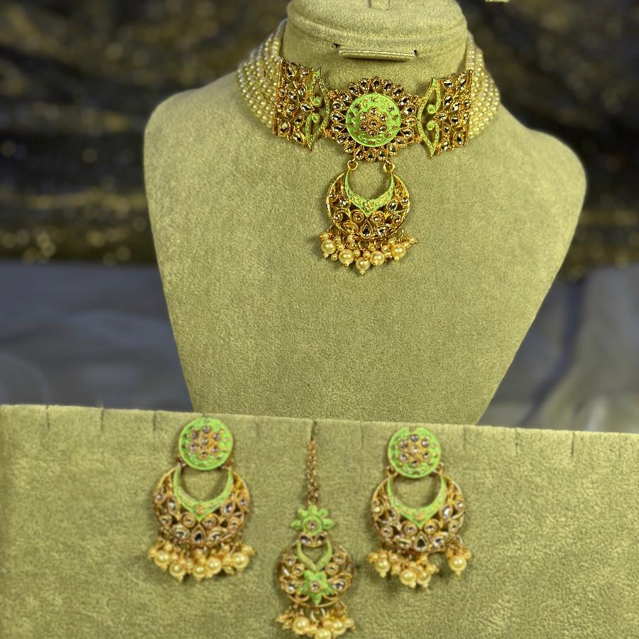 Kundan Choker Necklace Pearl Mint Green Set