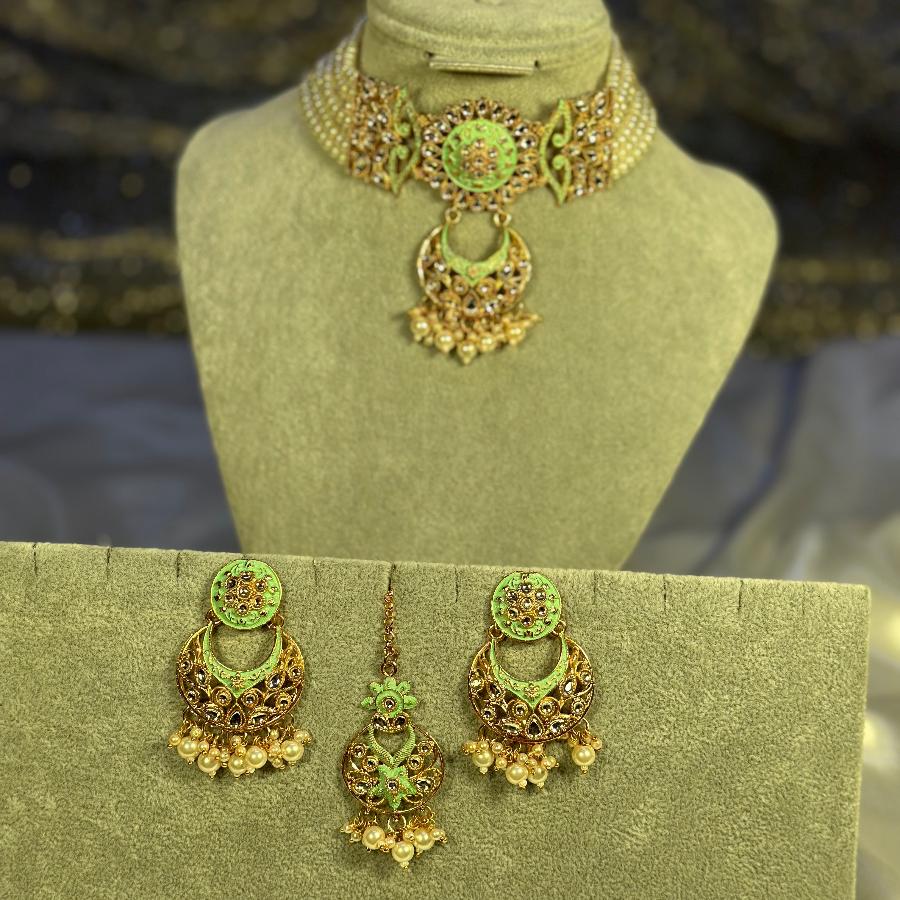 Kundan Choker Necklace Pearl Mint Green Set