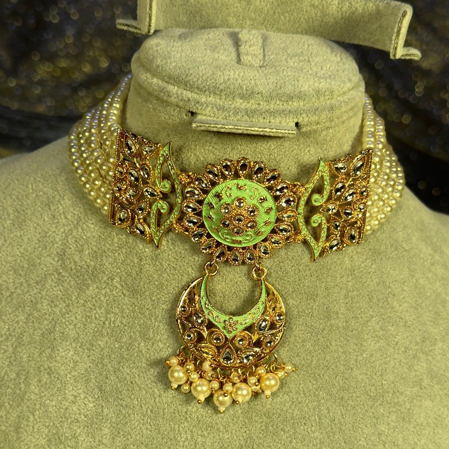 Kundan Choker Necklace Pearl Mint Green Set