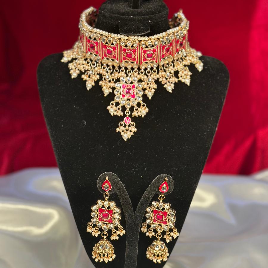 Kundan Necklace Choker Red Set