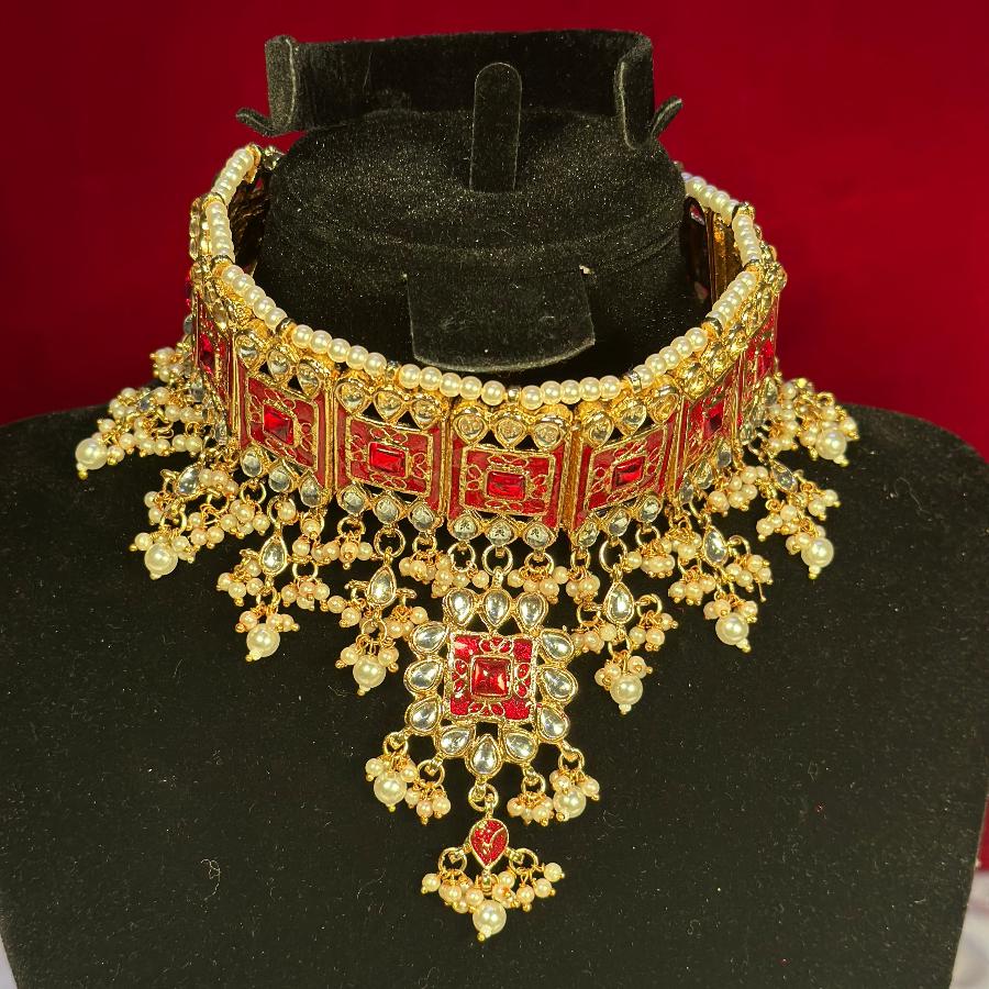 Kundan Necklace Choker Red Set