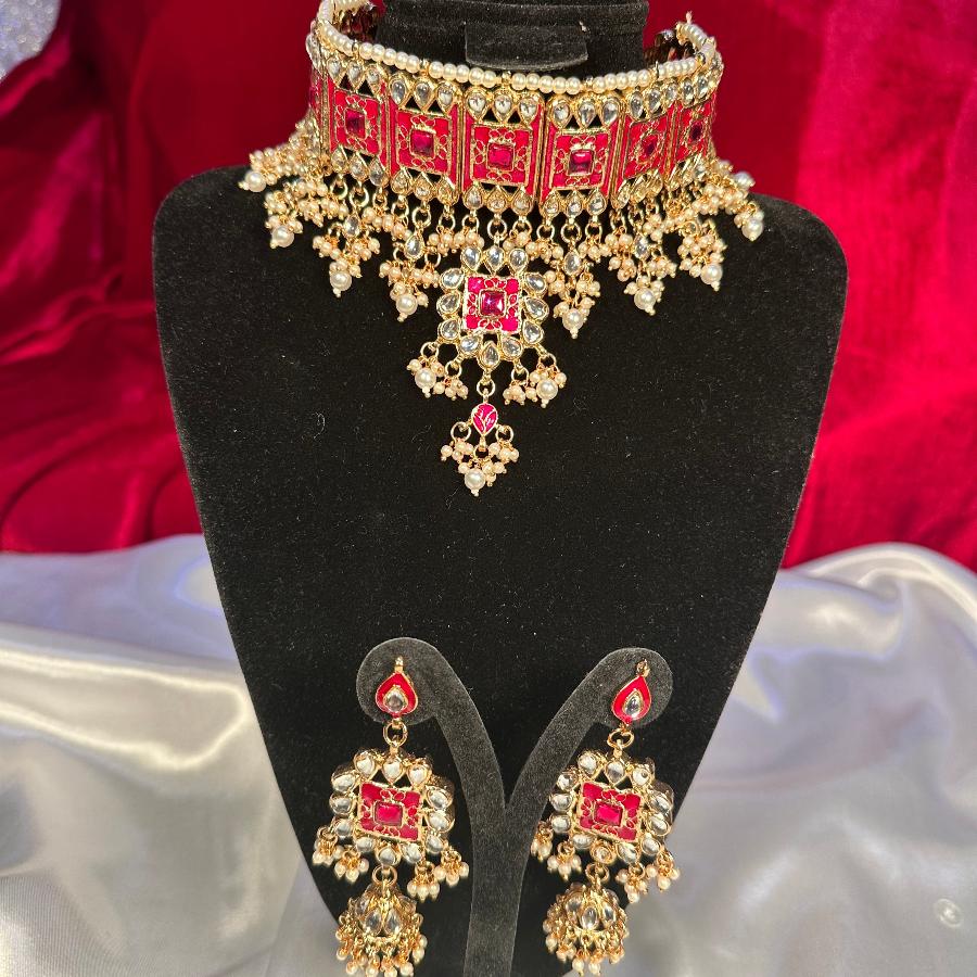 Kundan Necklace Choker Red Set