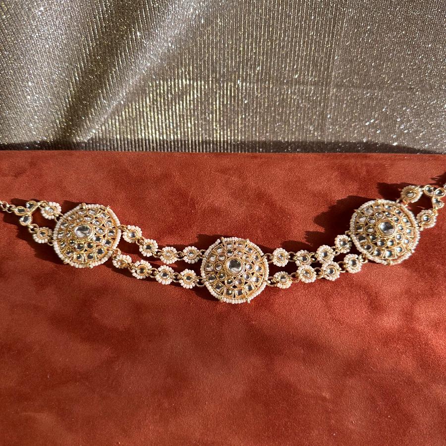 Kundan Matha Patti with Pearls and Beads White and Gold Color