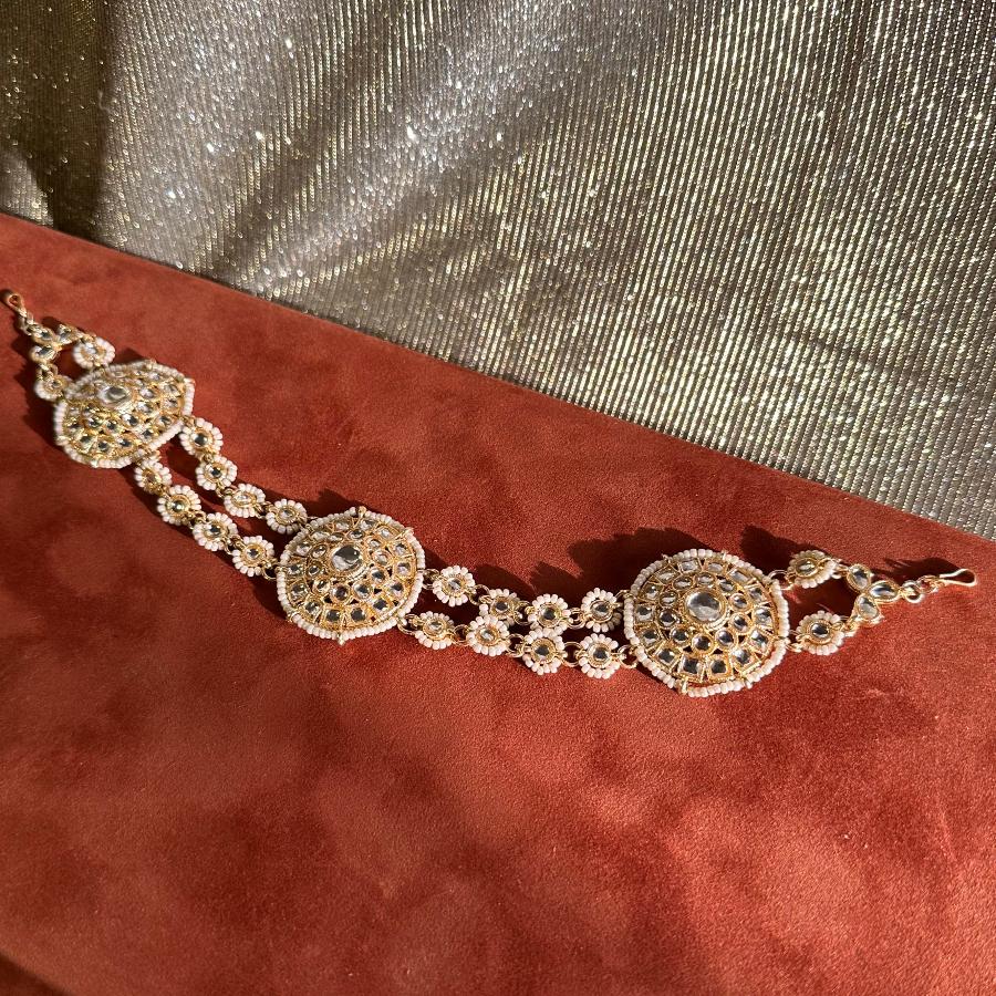 Kundan Matha Patti with Pearls and Beads White and Gold Color