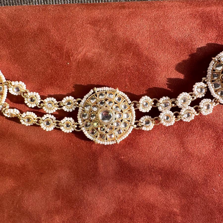 Kundan Matha Patti with Pearls and Beads White and Gold Color