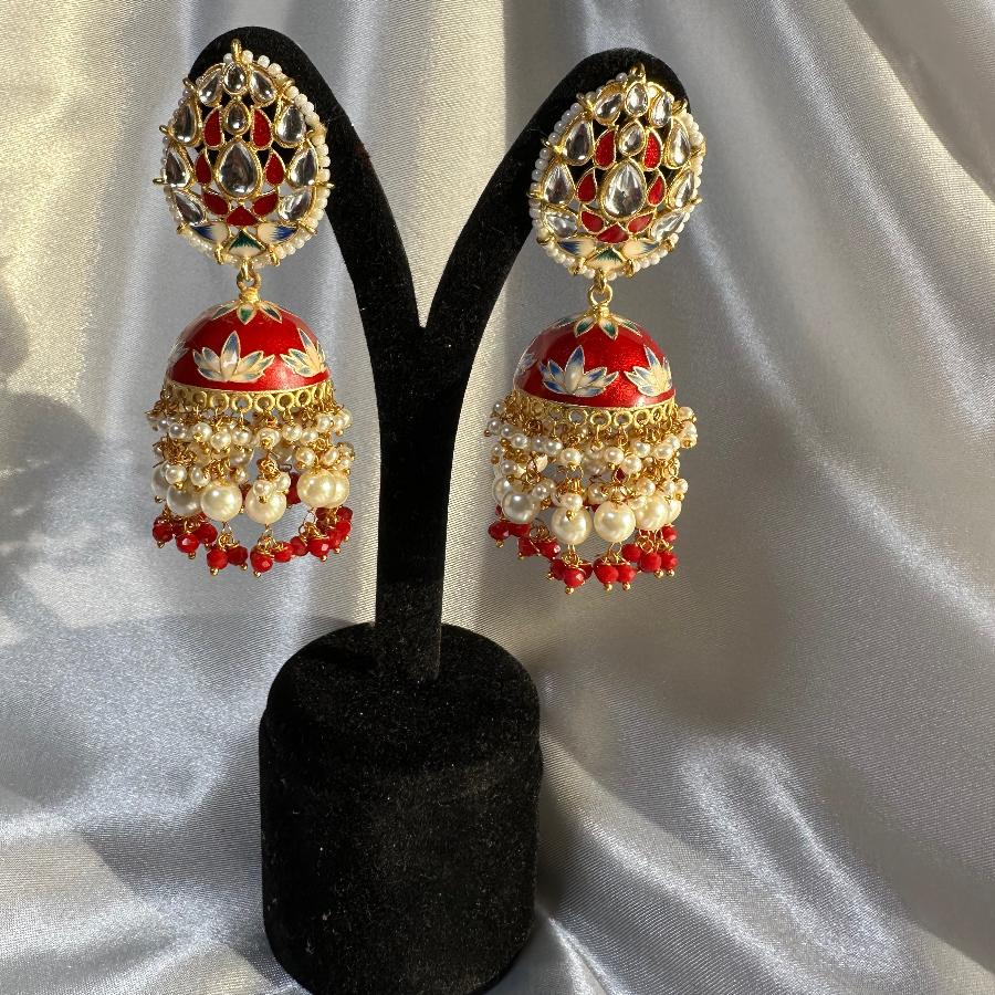 Kundan Floral Enamel Jhumka Earrings with Beaded Tassels Red