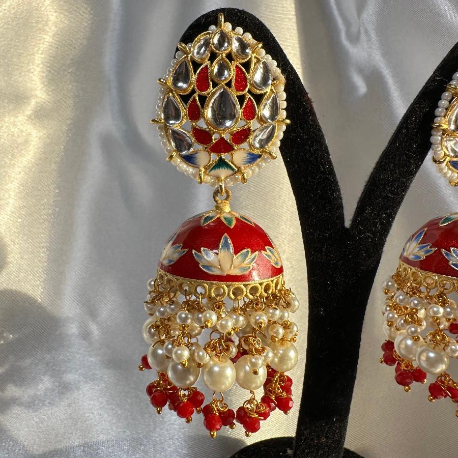 Kundan Floral Enamel Jhumka Earrings with Beaded Tassels Red