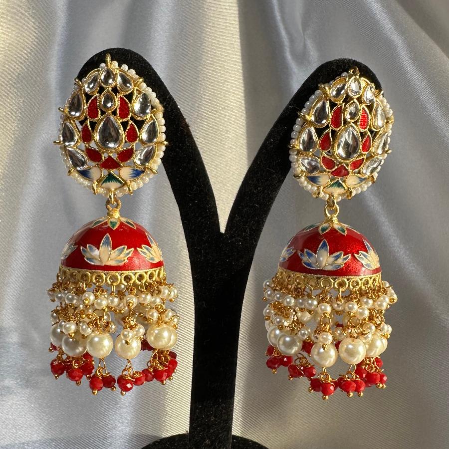 Kundan Floral Enamel Jhumka Earrings with Beaded Tassels Red