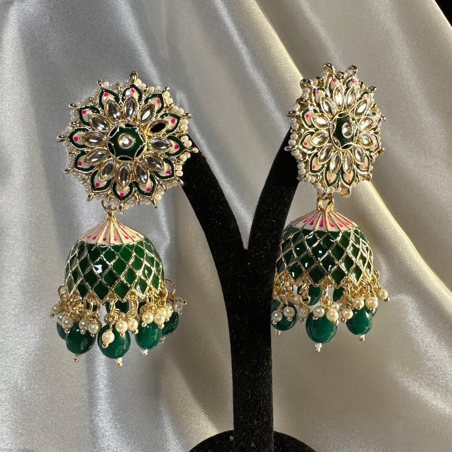 Kundan Enamel Jhumka Earrings in Green