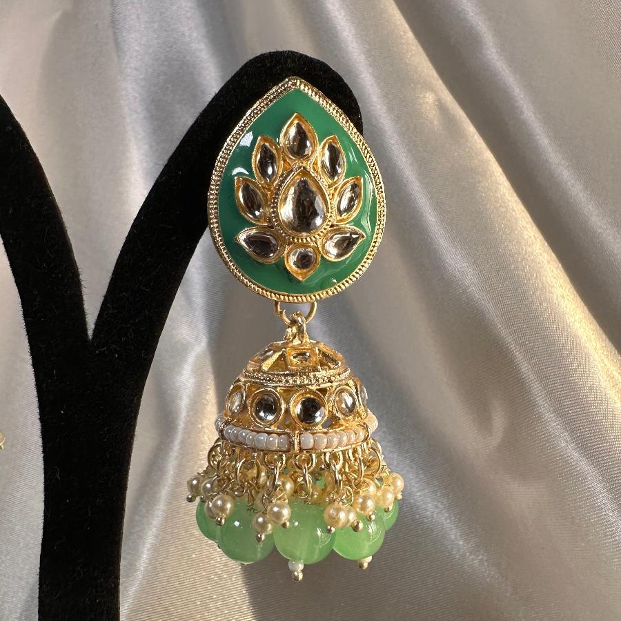 Kundan Earrings Jewelry Green Enamel With Pearl