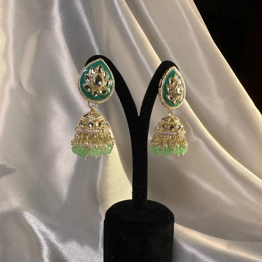 Kundan Earrings Jewelry Green Enamel With Pearl