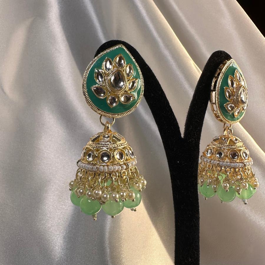 Kundan Earrings Jewelry Green Enamel With Pearl