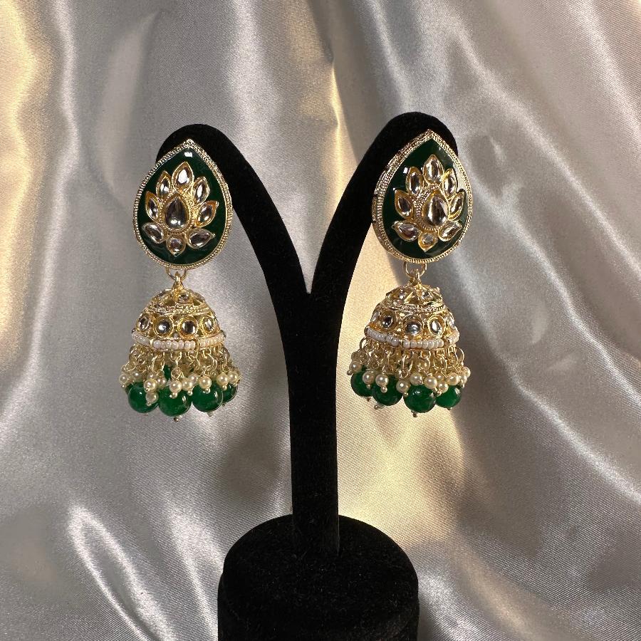 Kundan Earrings Jewelry Green Enamel With Mang Tikka
