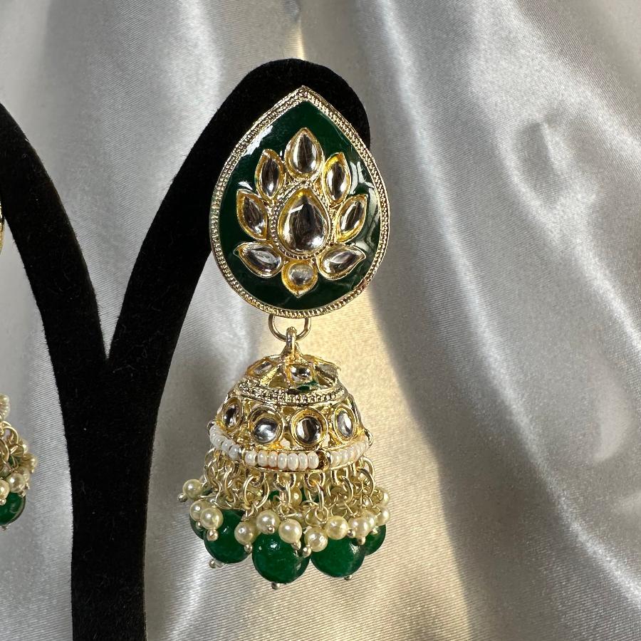 Kundan Earrings Jewelry Green Enamel With Mang Tikka