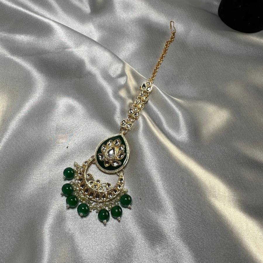 Kundan Earrings Jewelry Green Enamel With Mang Tikka