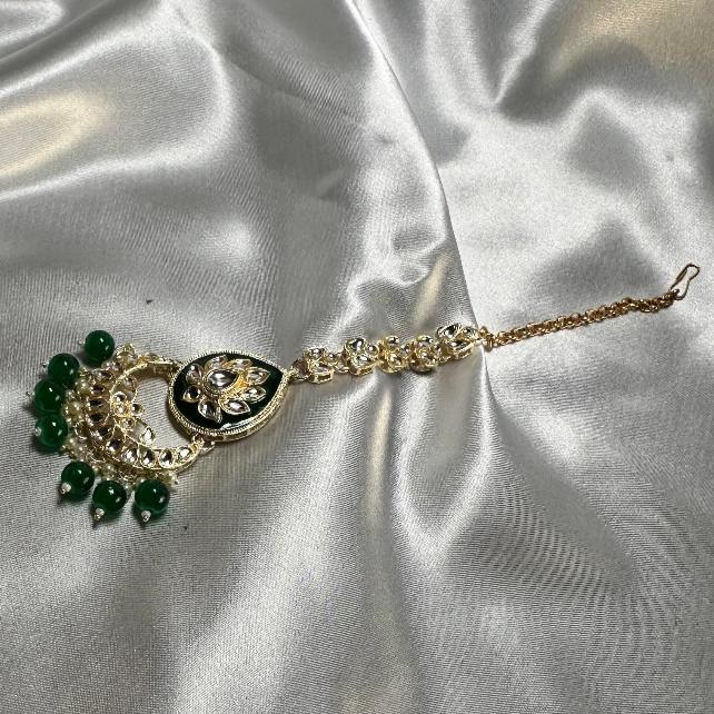 Kundan Earrings Jewelry Green Enamel With Mang Tikka