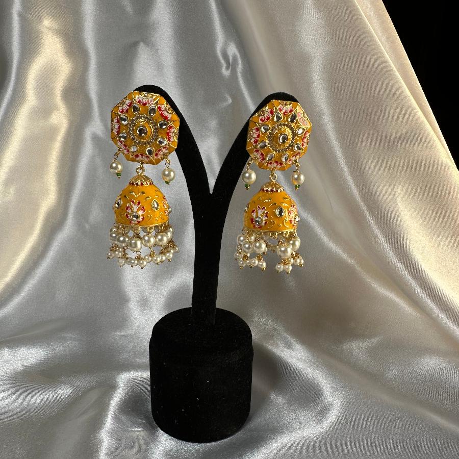 Kundan Floral Enamel Jhumka Earrings in Yellow