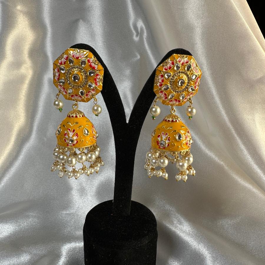 Kundan Floral Enamel Jhumka Earrings in Yellow