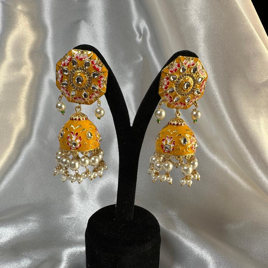 Kundan Floral Enamel Jhumka Earrings in Yellow