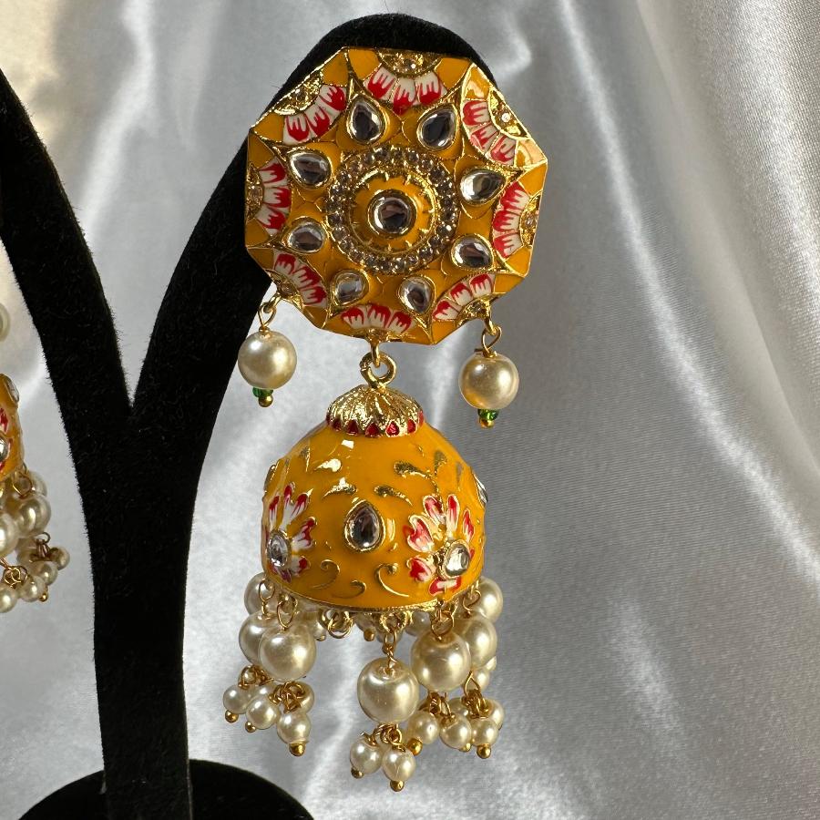 Kundan Floral Enamel Jhumka Earrings in Yellow