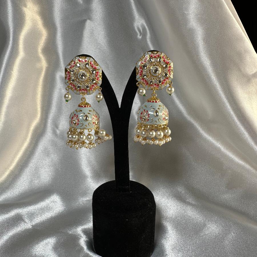 Kundan Floral Enamel Jhumka Earrings In Light Blue