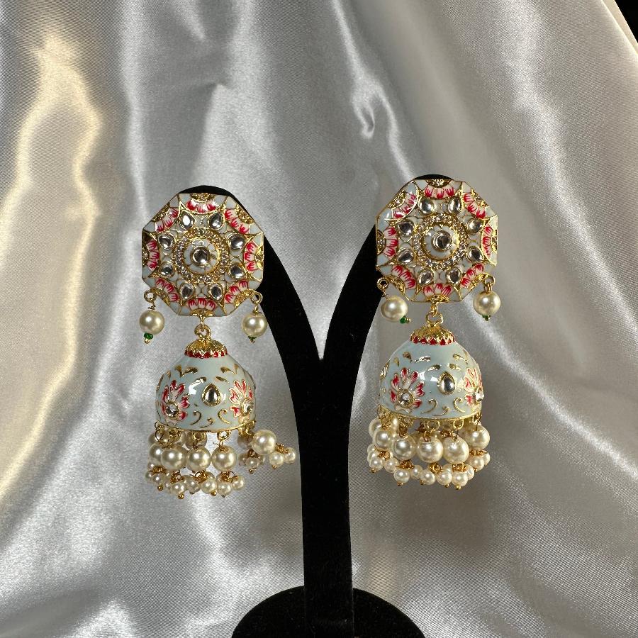Kundan Floral Enamel Jhumka Earrings In Light Blue