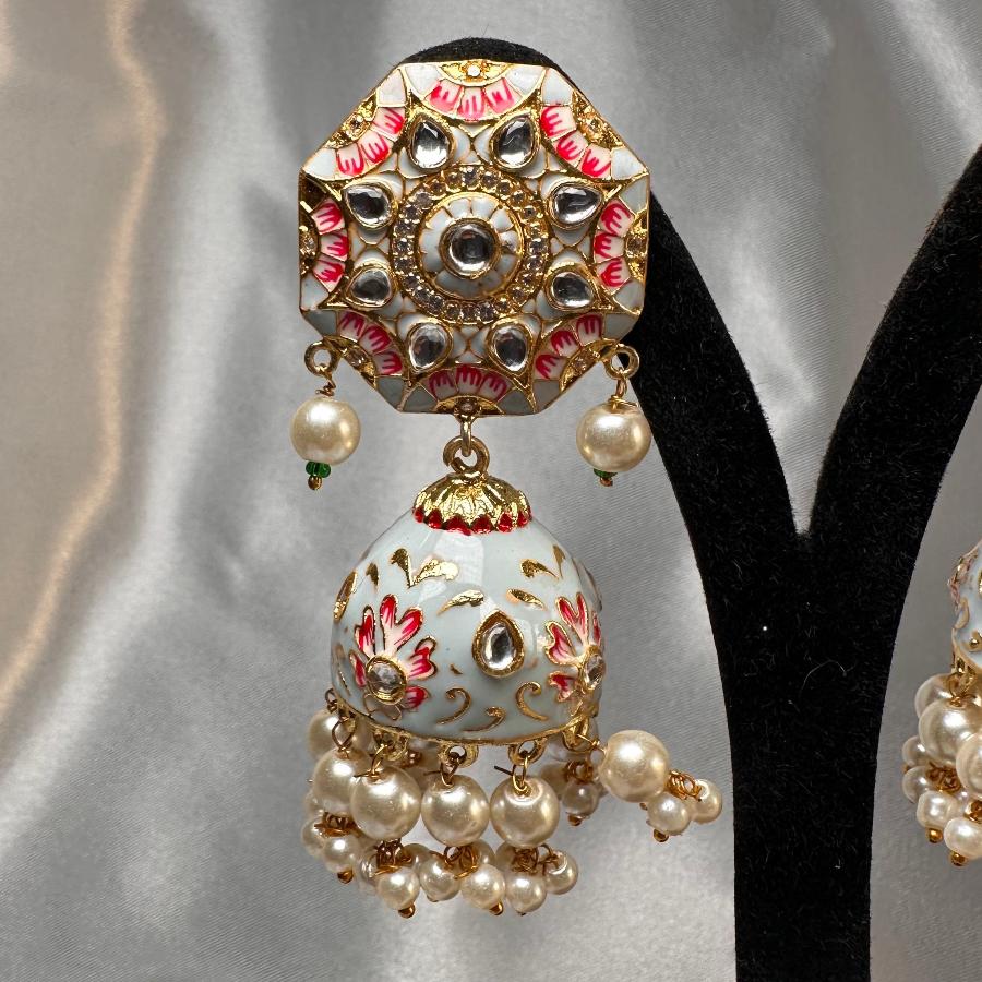 Kundan Floral Enamel Jhumka Earrings In Light Blue