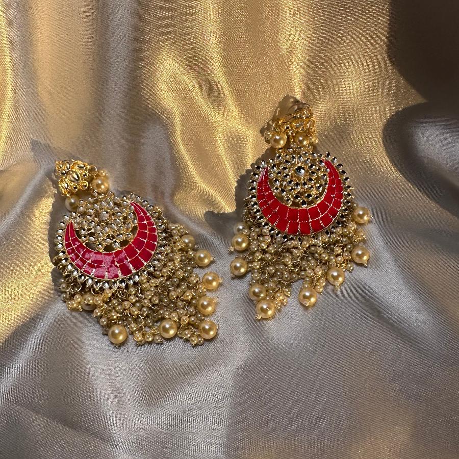 Kundan Chandbali Dangle Long Earrings in Pink