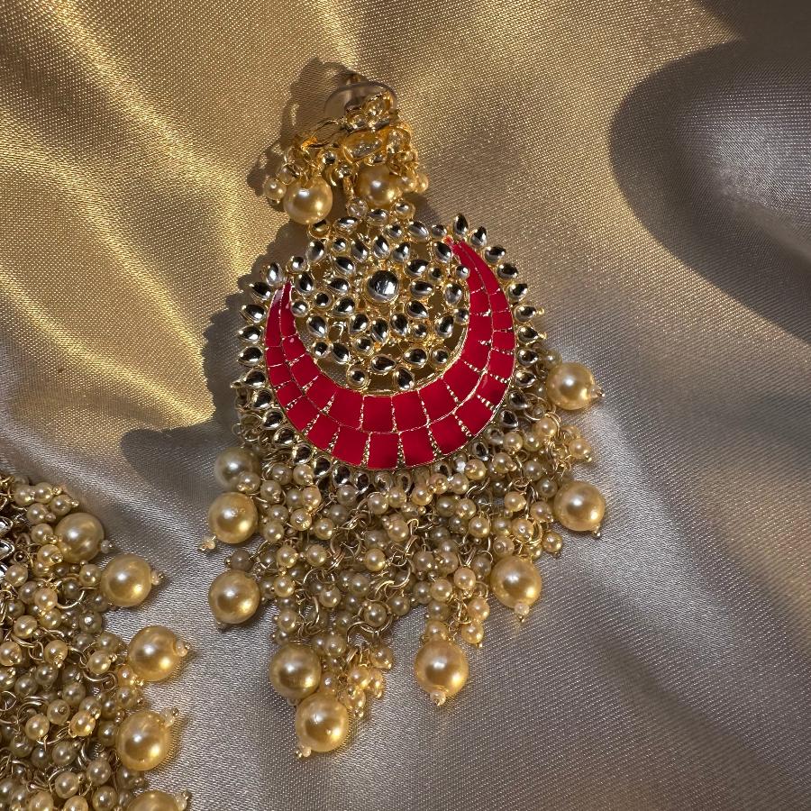 Kundan Chandbali Dangle Long Earrings in Pink