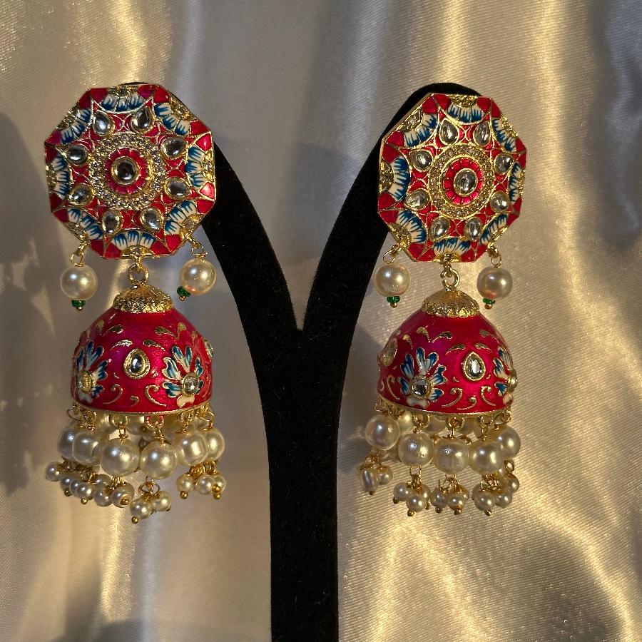 Kundan Floral Enamel Jhumka Earrings In Red