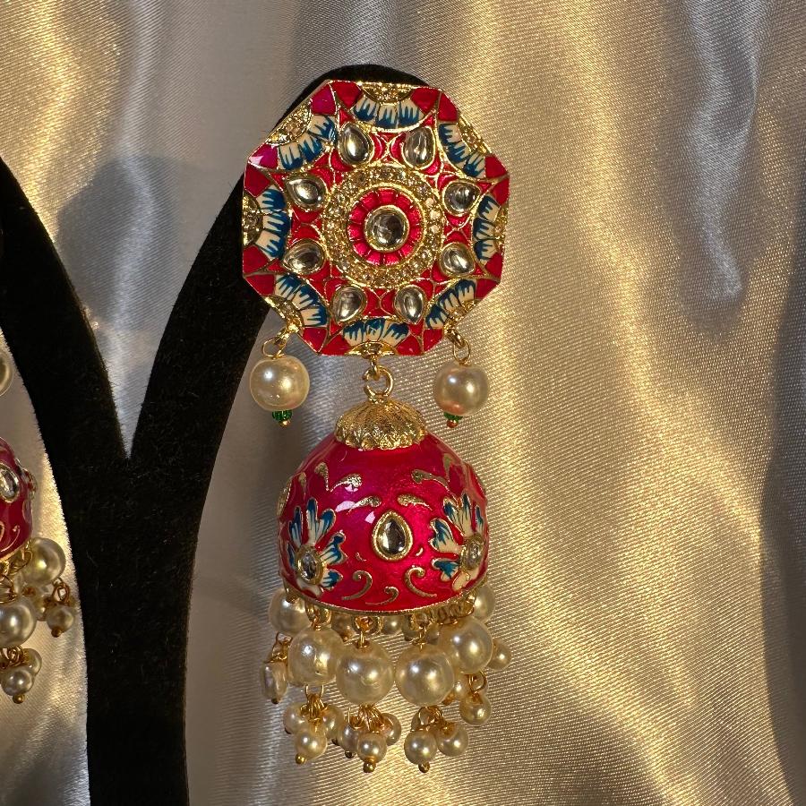 Kundan Floral Enamel Jhumka Earrings In Red