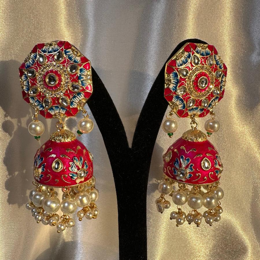 Kundan Floral Enamel Jhumka Earrings In Red