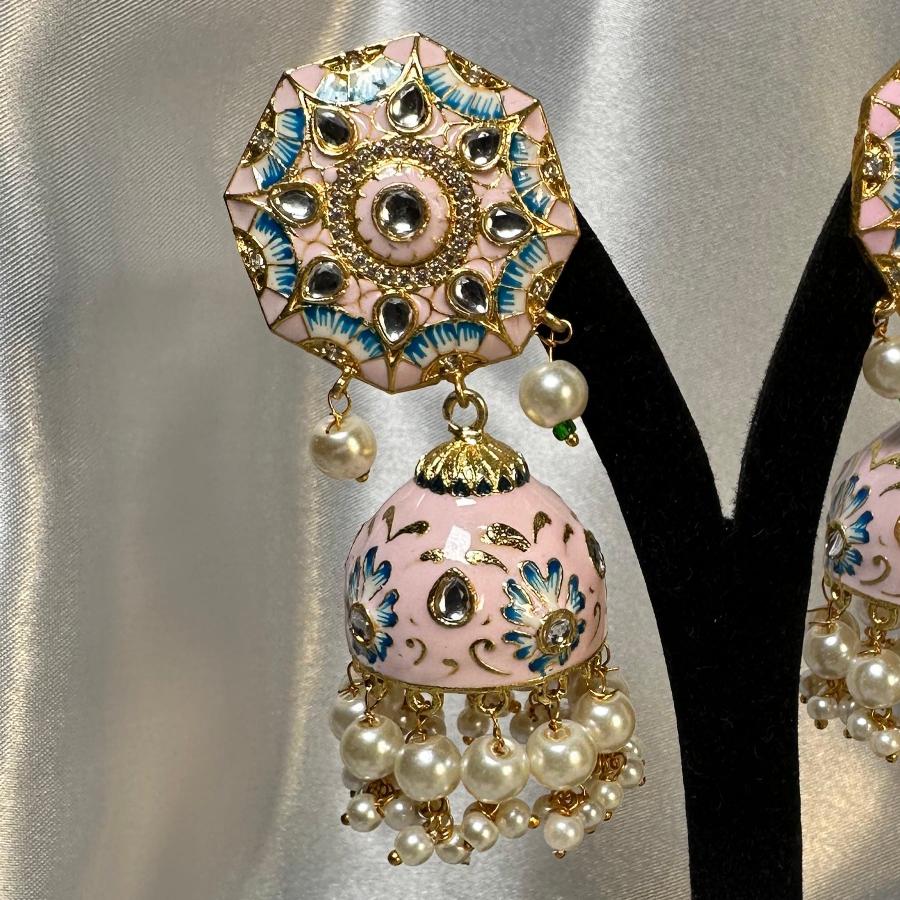 Kundan Floral Enamel Jhumka Earrings In Light Pink