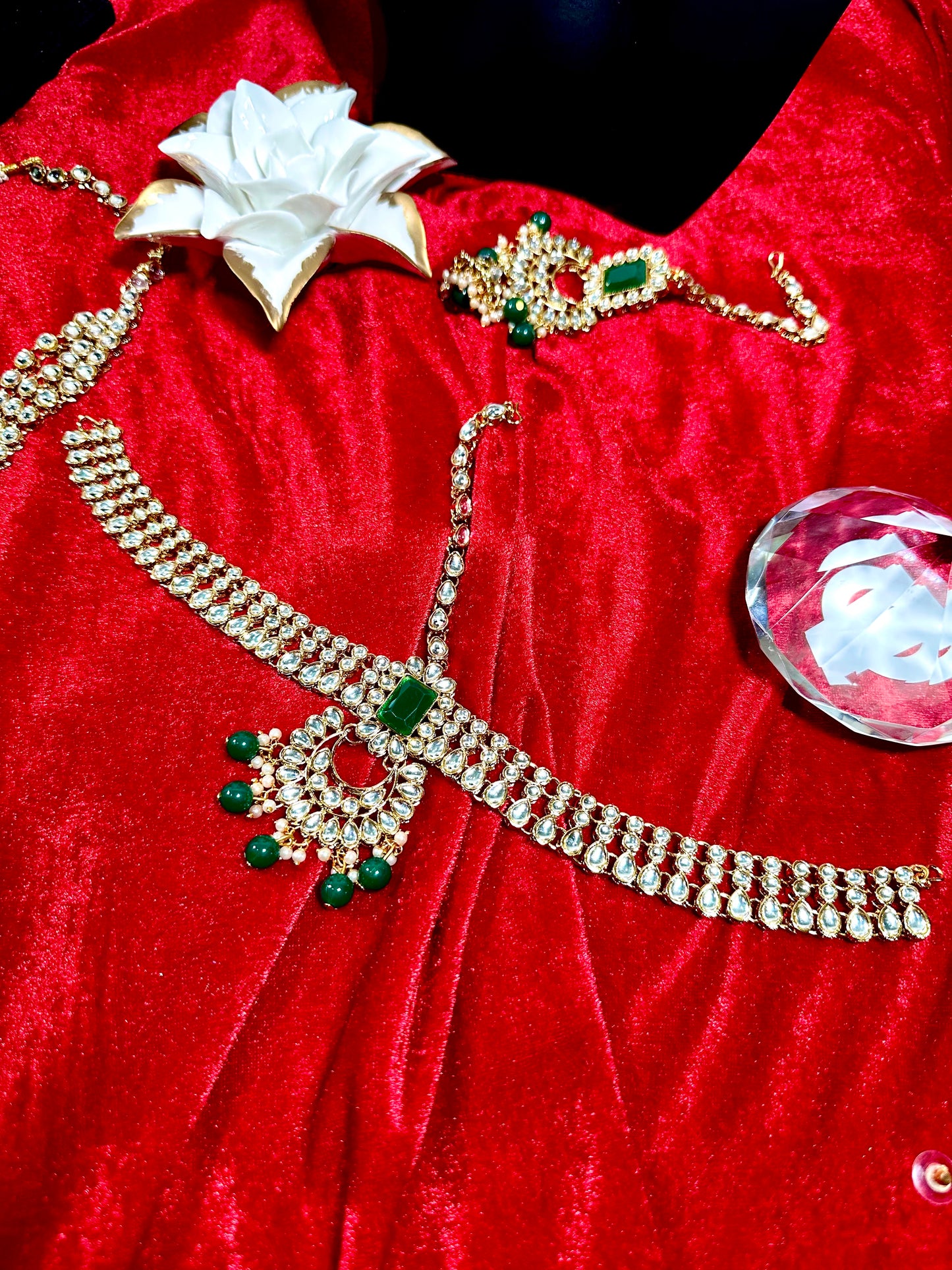 Pure Kundan Bridal Jewelry Whole Set in Green