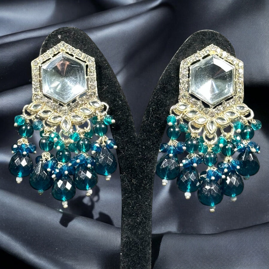 Ocean Green Beads Kundan Earrings
