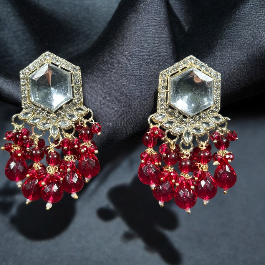 Red Beads Kundan Earrings