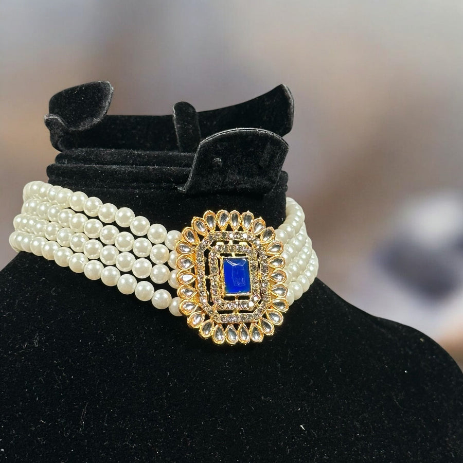 White pearl Blue Choker necklace with Earrings