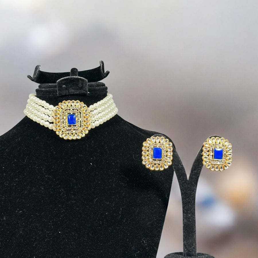 White pearl Blue Choker necklace with earrings
