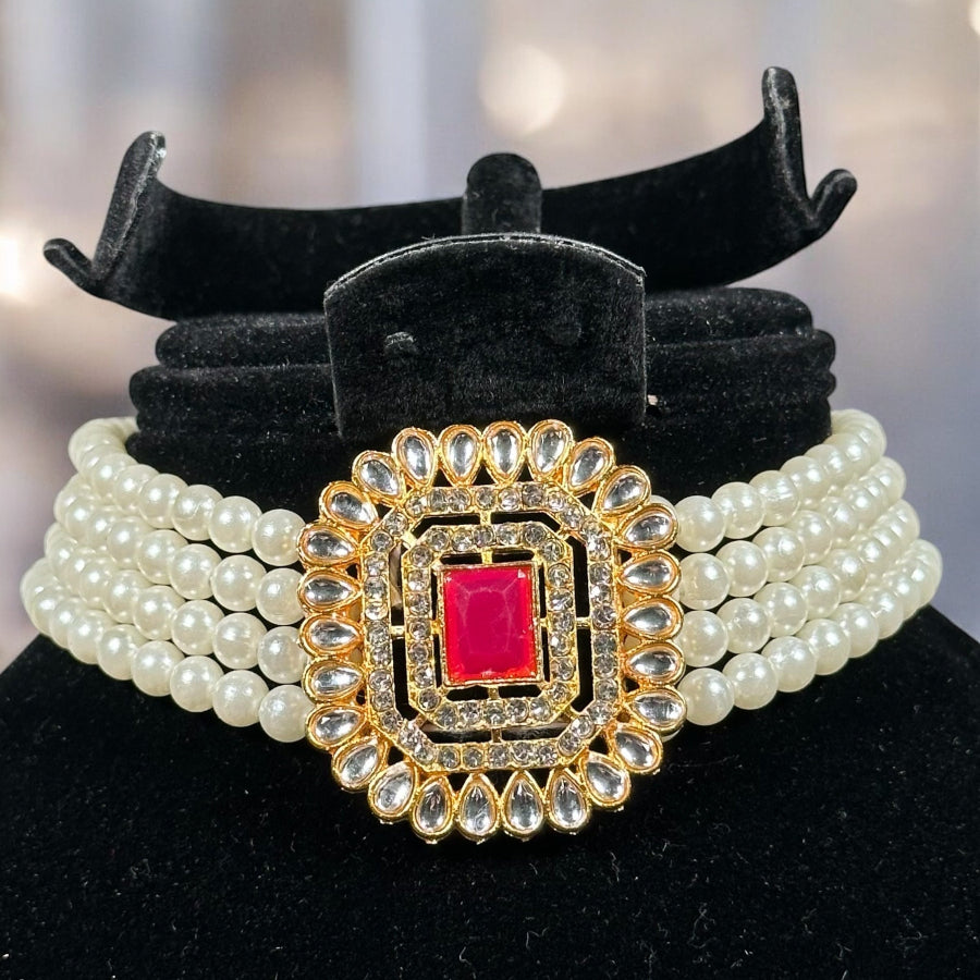 White pearl Red Choker necklace with earrings