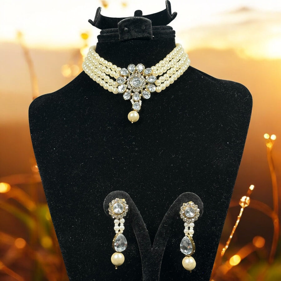 White pearl choker necklace set