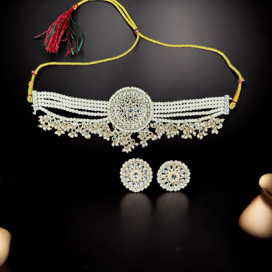 White pearl Choker necklace with earrings