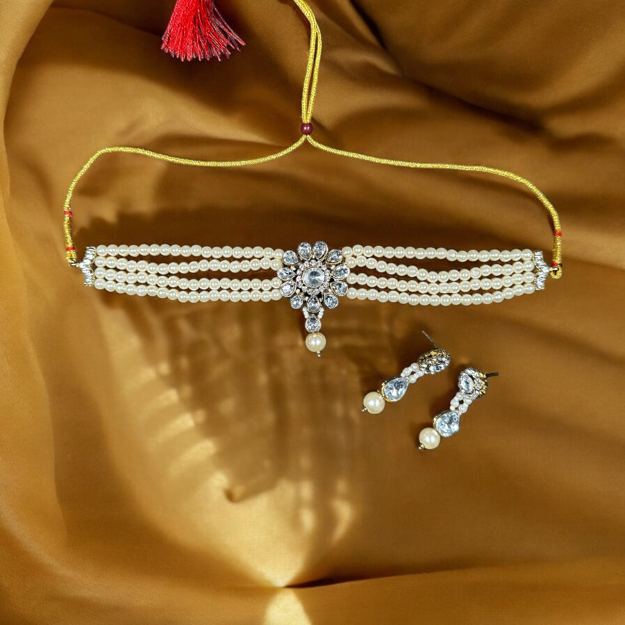 White pearl choker necklace set