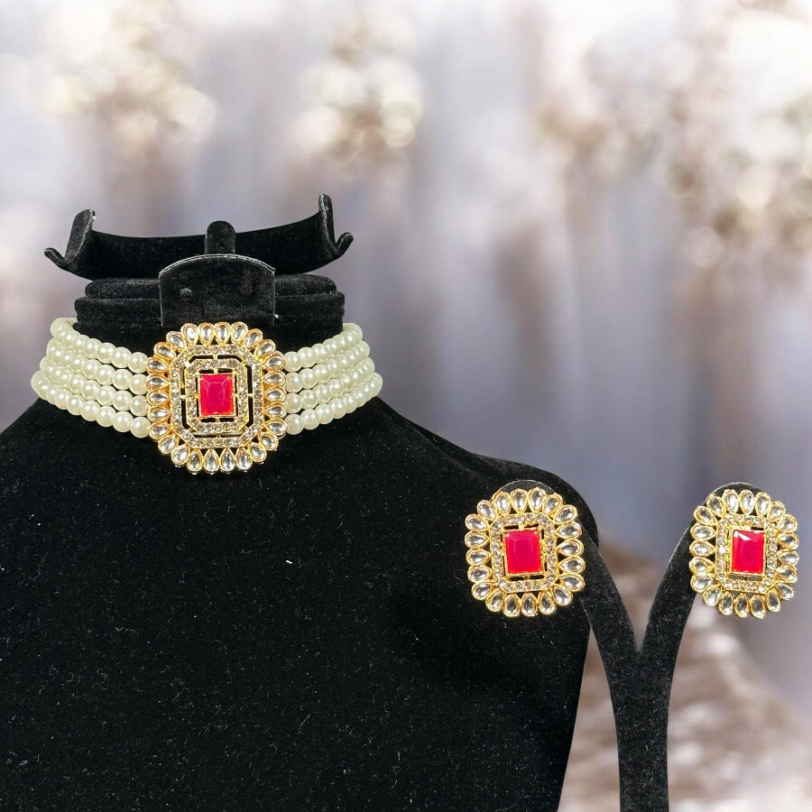 White pearl Red Choker necklace with earrings