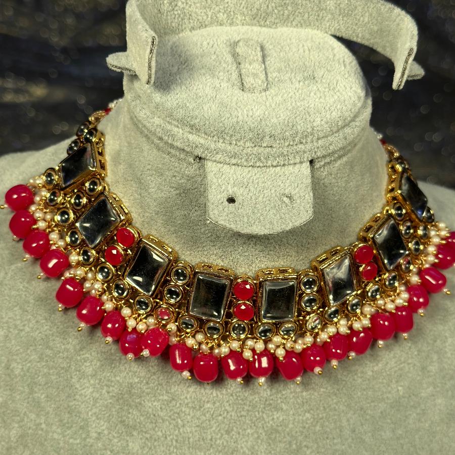 Kundan Necklace Cherry Red Set