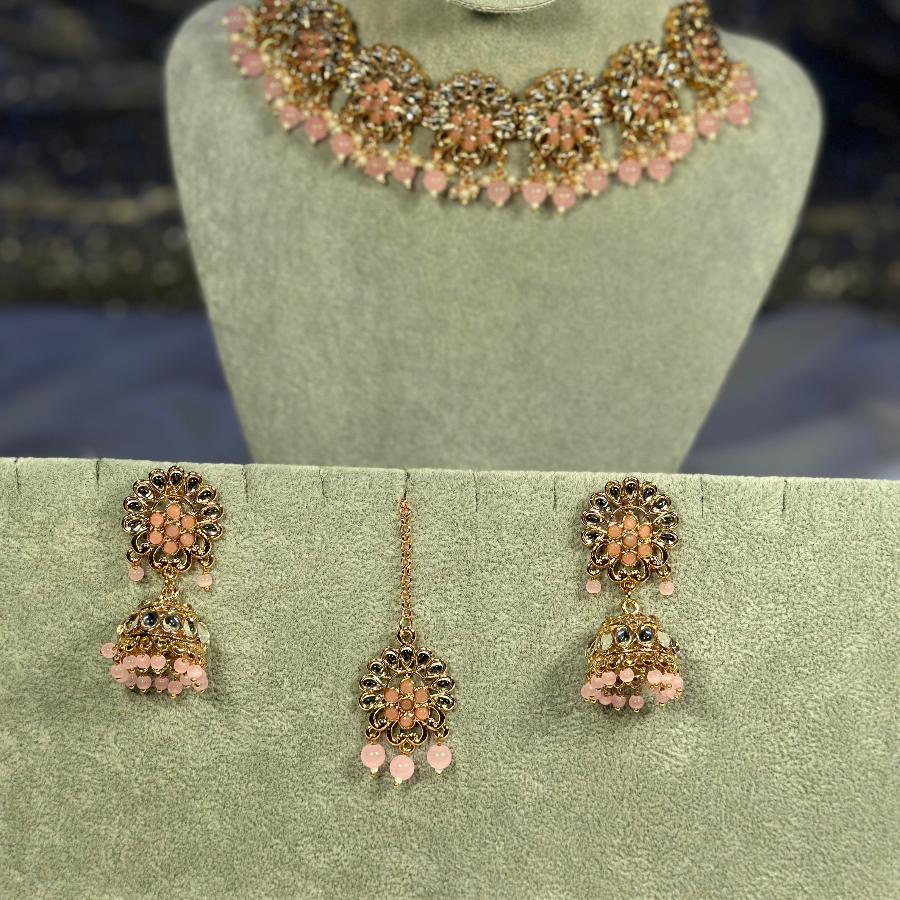 Kundan Necklace Tea-Pink Set