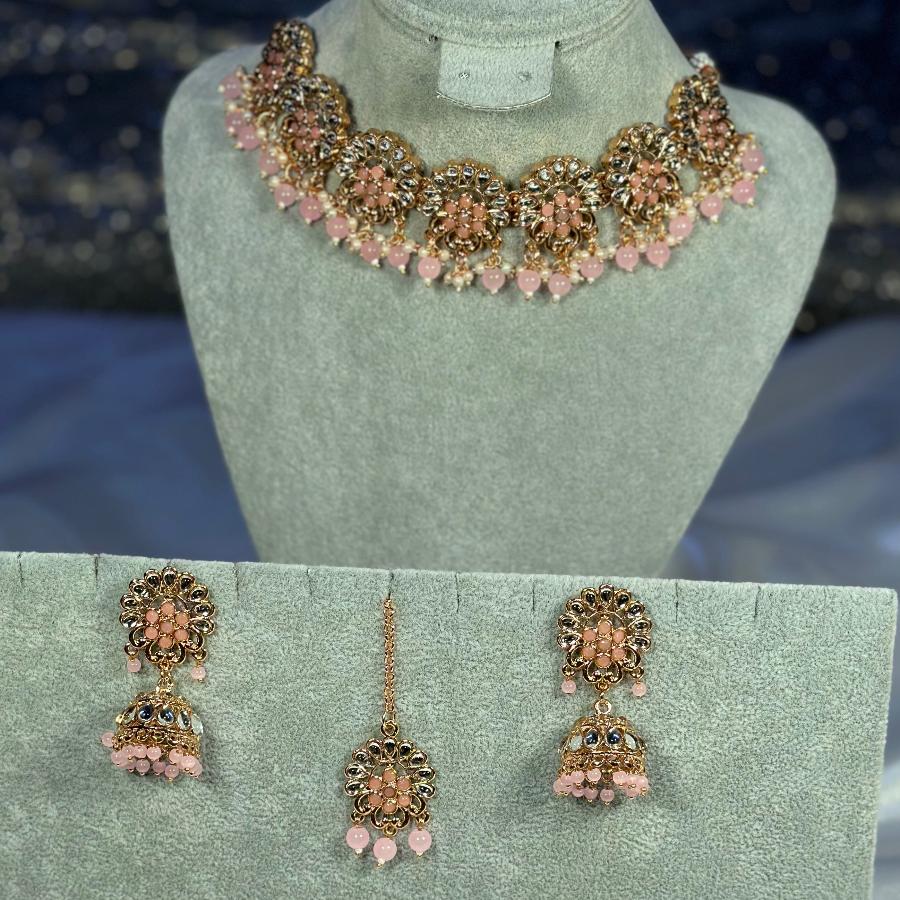 Kundan Necklace Tea-Pink Set