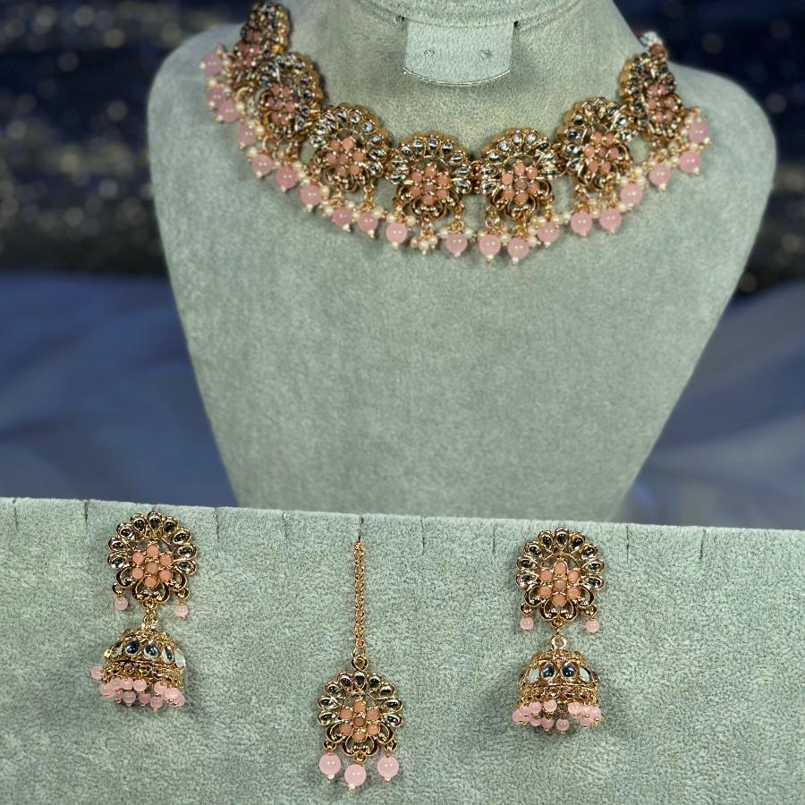 Kundan Necklace Tea-Pink Set