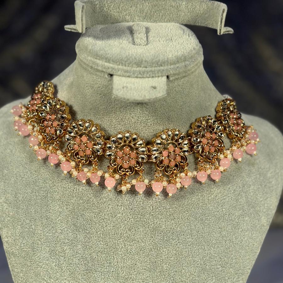 Kundan Necklace Tea-Pink Set