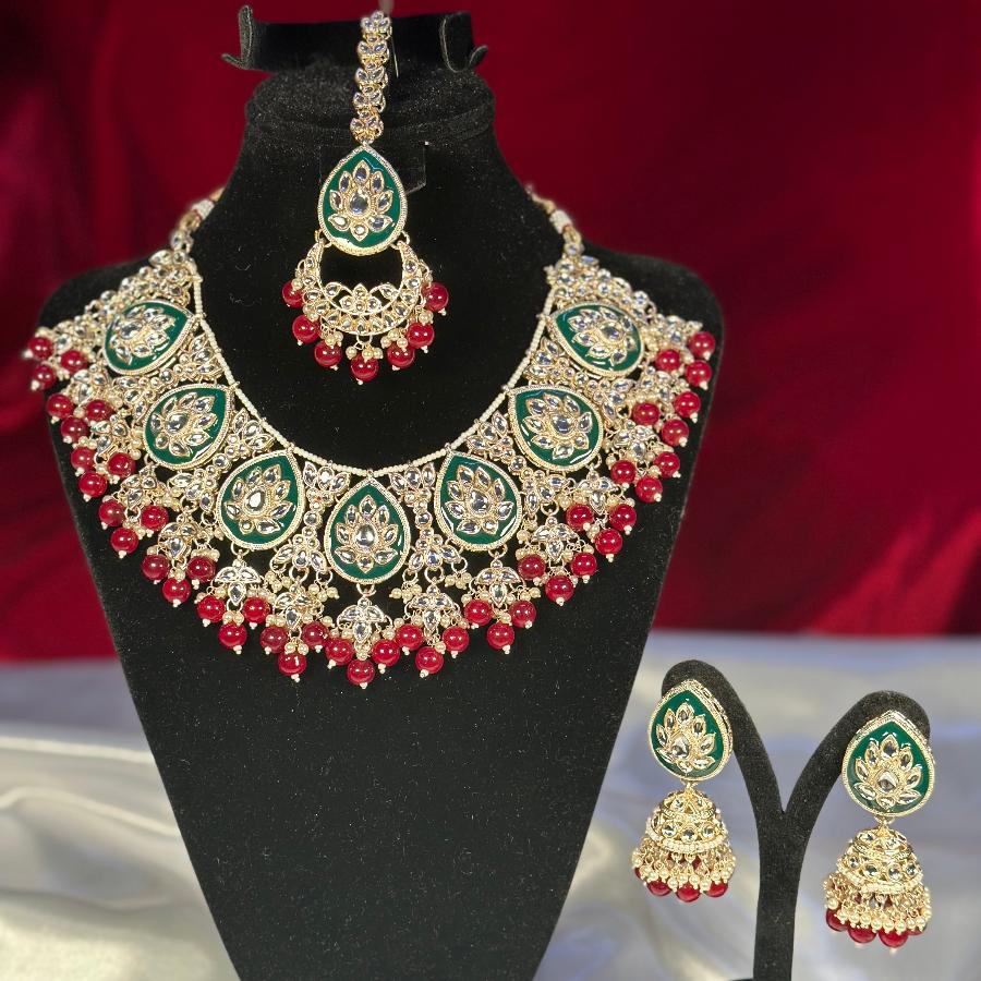 Enamel Jewelry Necklace And Earrings Red and Green
