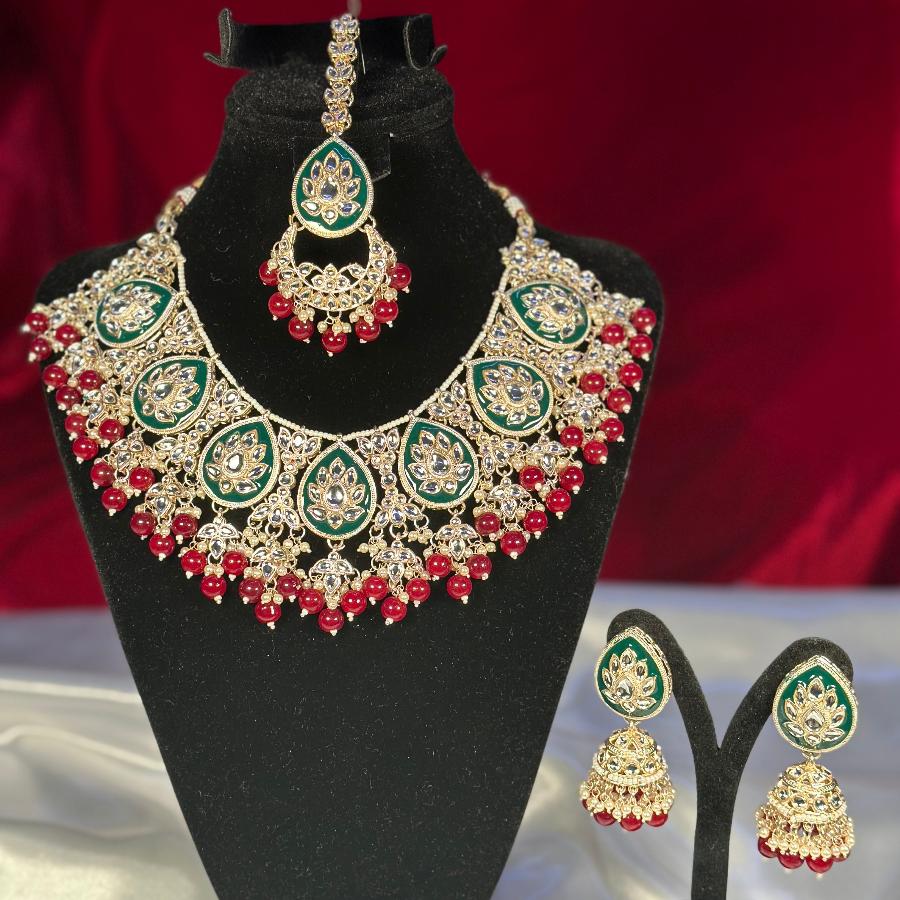 Enamel Jewelry Necklace And Earrings Red and Green